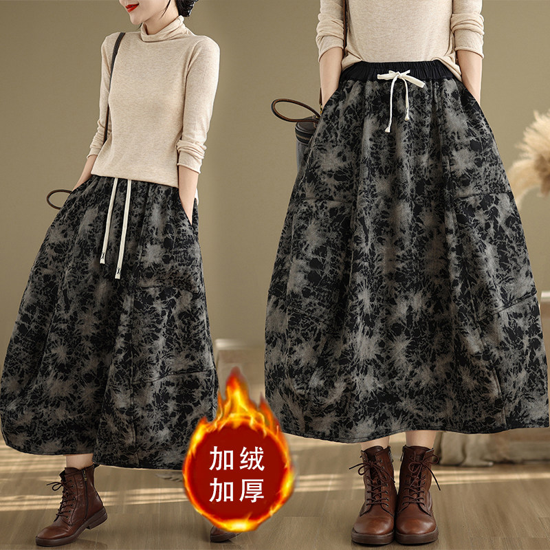 复古印花加绒牛仔大码半身裙新款秋冬保暖松紧显瘦中长款花苞裙潮,女装/女士精品,半身裙,淘宝优惠券,粉丝福利购,淘宝优惠卷