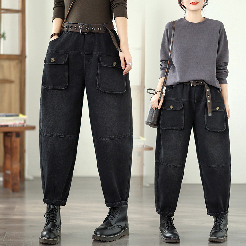 复古立体口袋秋冬春秋新款时尚大码休闲松紧宽松工装哈伦牛仔裤女