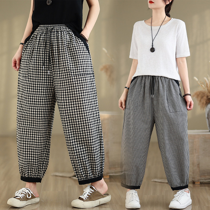 复古文艺裤女秋夏休闲裤大码薄款新款棉麻格子宽松显瘦九分哈伦裤