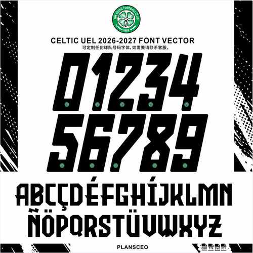 Celtic凯尔特2026-2027赛季球衣号码PDF字体ttf矢量安装Font
