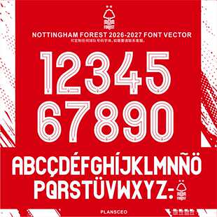 Nottingham诺丁汉2026-27赛季足球服号码PDF字体ttf矢量安装Font