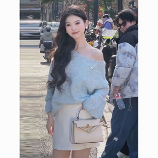韩版气质斜领露肩亮片针织上衣女装2025秋季新款慵懒百搭漂亮毛衣
