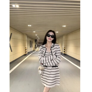 炸街千金感气质条纹针织开衫 女装 背心连衣裙女两件套 穿搭套装 秋季