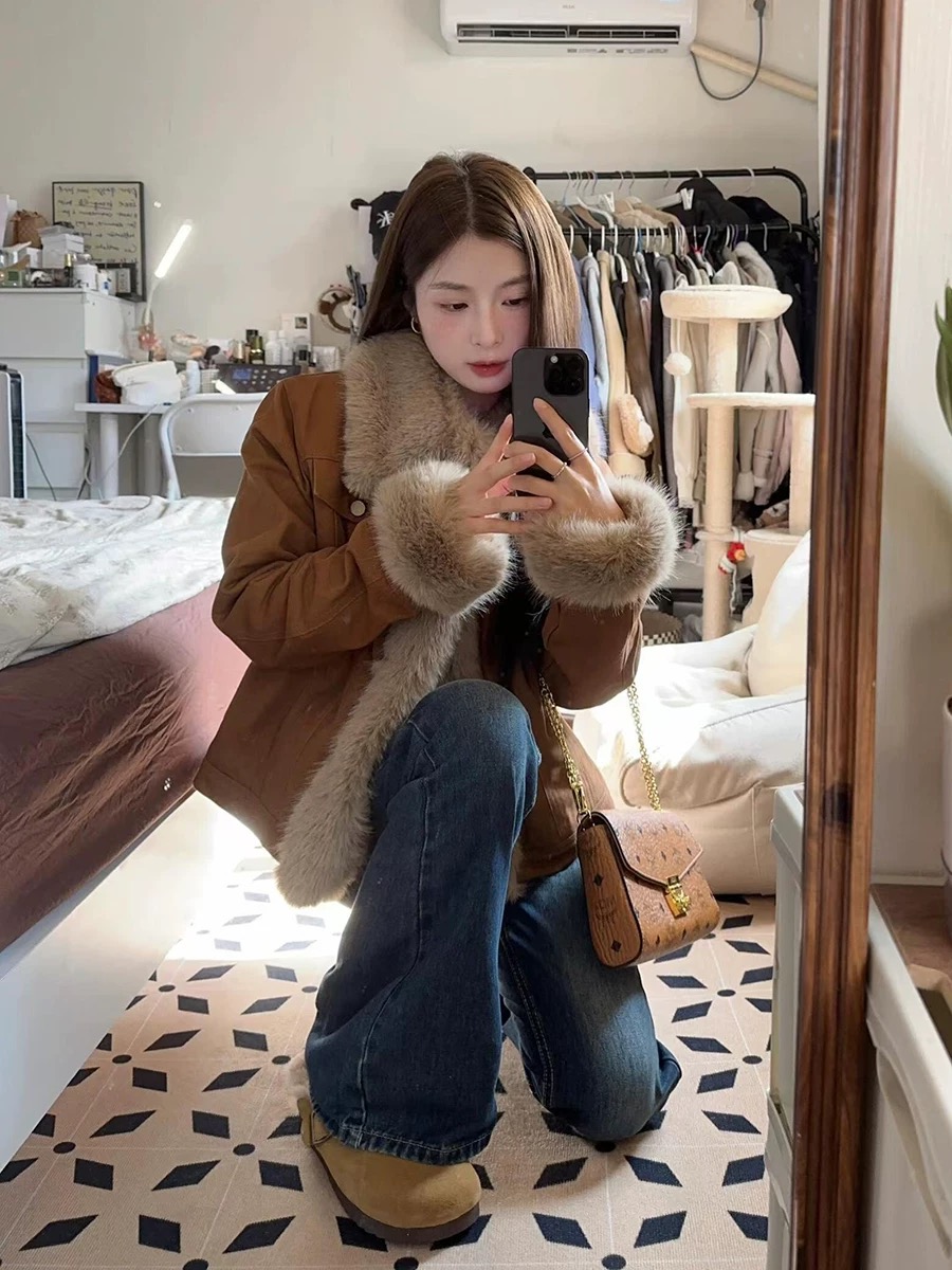 鹿皮绒仿狐狸毛机车服外套女秋冬短款2025新款美拉德毛毛环保皮草