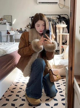 鹿皮绒仿狐狸毛机车服外套女秋冬短款2025新款美拉德毛毛环保皮草