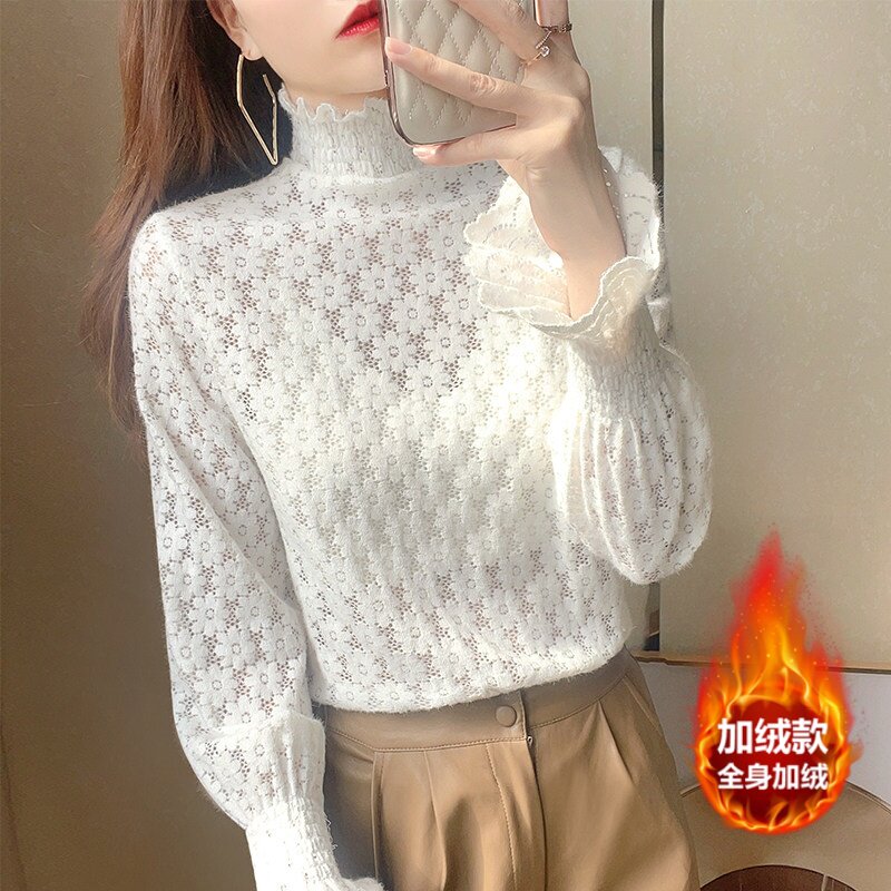 花边高领磨毛加绒蕾丝打底衫女秋冬洋气内搭加厚柔软喇叭袖上衣女