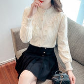 百搭减龄长袖 女设计感气质内搭小衫 上衣 刺绣加绒蕾丝衬衫 秋冬新款
