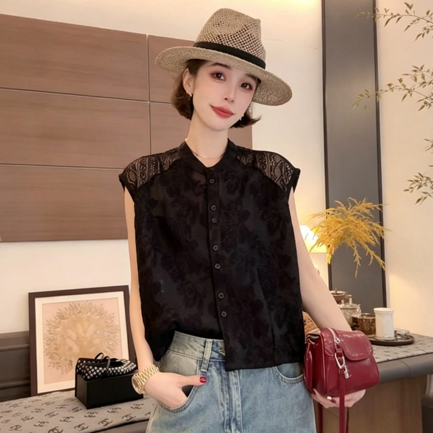 蕾丝拼接无袖衬衫上衣女2026夏季新款韩版时尚气质显瘦百搭小衫潮