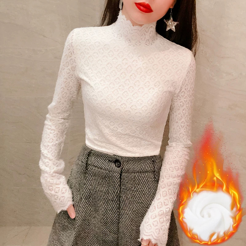 2026新款加绒加厚蕾丝打底衫女半高领镂空时尚内搭修身长袖上衣潮