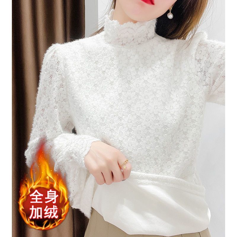加绒加厚蕾丝打底衫女高档秋冬新款洋气磨毛内搭保暖高领网纱上衣