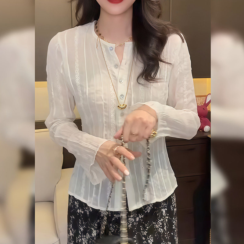 高级感喇叭袖蕾丝拼接微透长袖衬衫女韩版夏季修身显瘦百搭衬衣潮