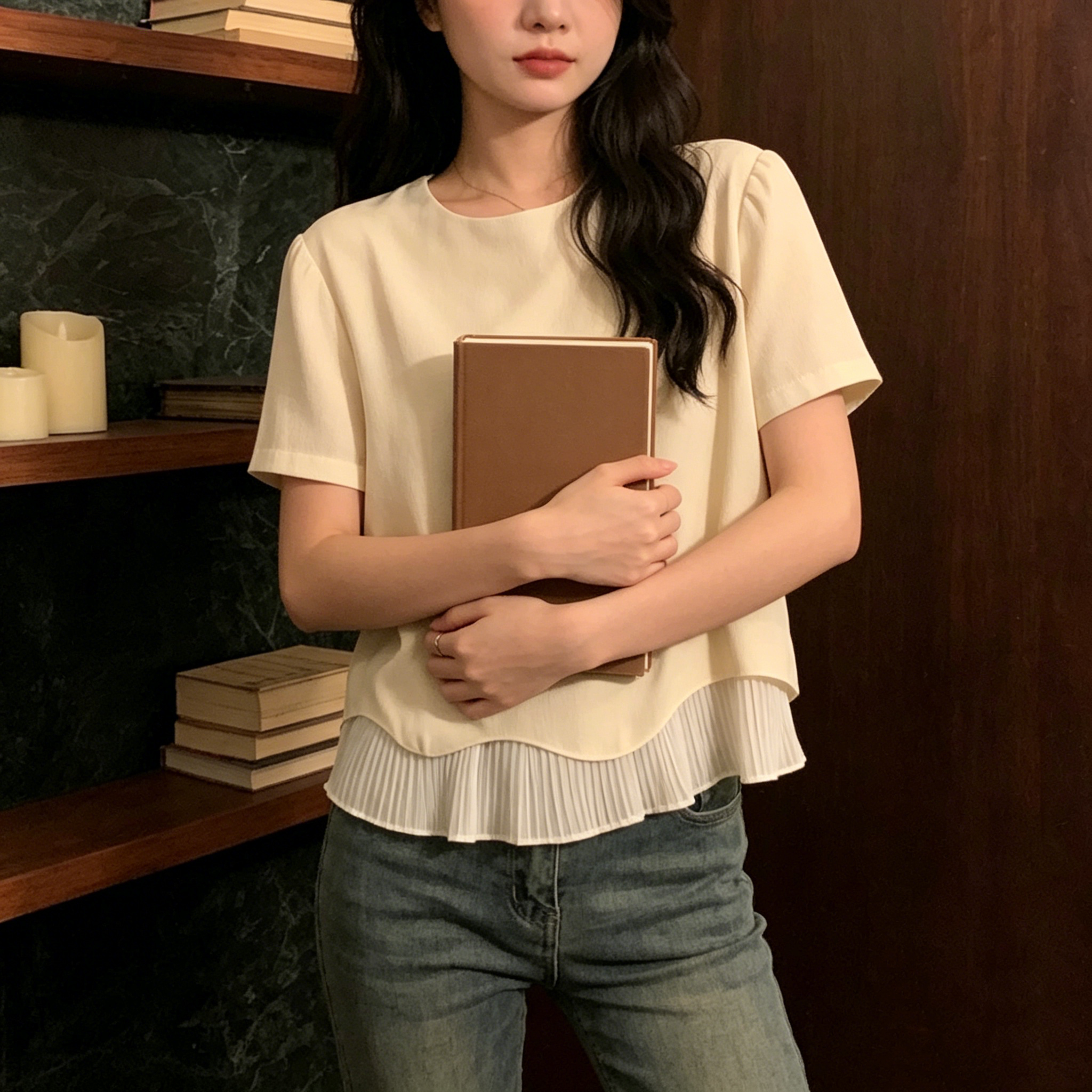 百褶下摆拼接假两件短袖女夏宽松遮胯减龄显瘦大码胖MM百搭上衣潮