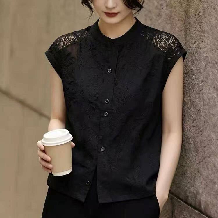 提花肩部蕾丝无袖衬衫女夏季遮胯减龄温柔气质显瘦百搭短袖上衣女