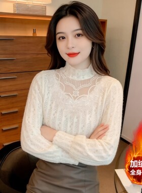 加绒半高领蕾丝打底衫女秋冬新款