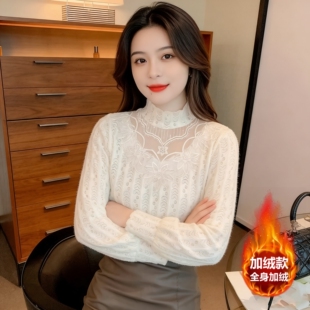 加绒半高领蕾丝打底衫女秋冬2026新款洋气显瘦内搭小衫长袖上衣潮
