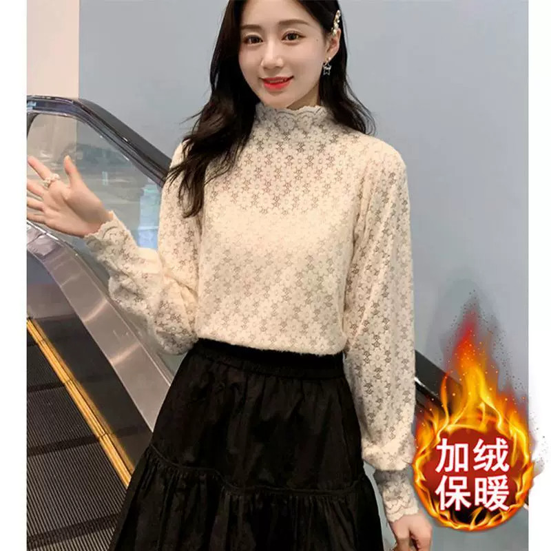 春秋加绒加厚蕾丝上衣女韩版时尚洋气半高领泡泡袖磨毛蕾丝打底衫