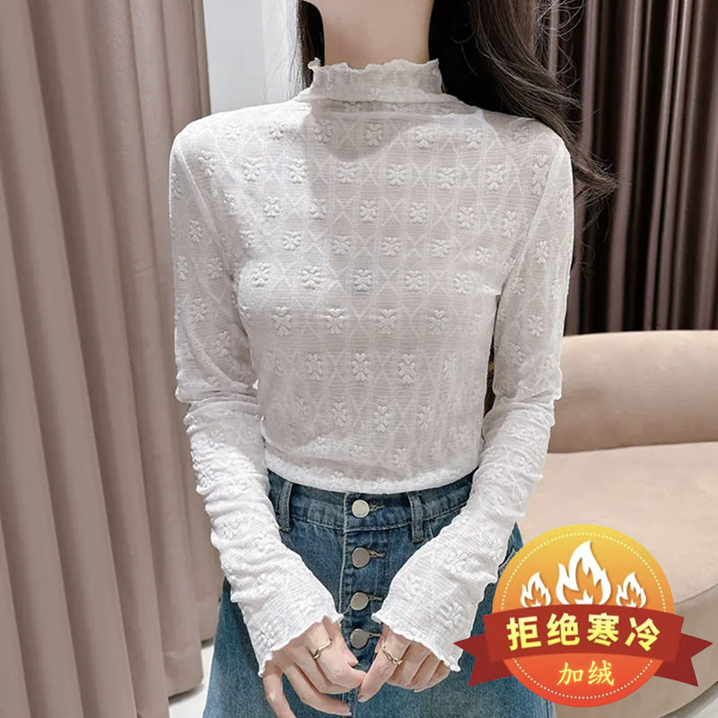 加绒加厚蕾丝打底衫女秋冬新款内搭高领洋气小衫磨毛保暖网纱上衣