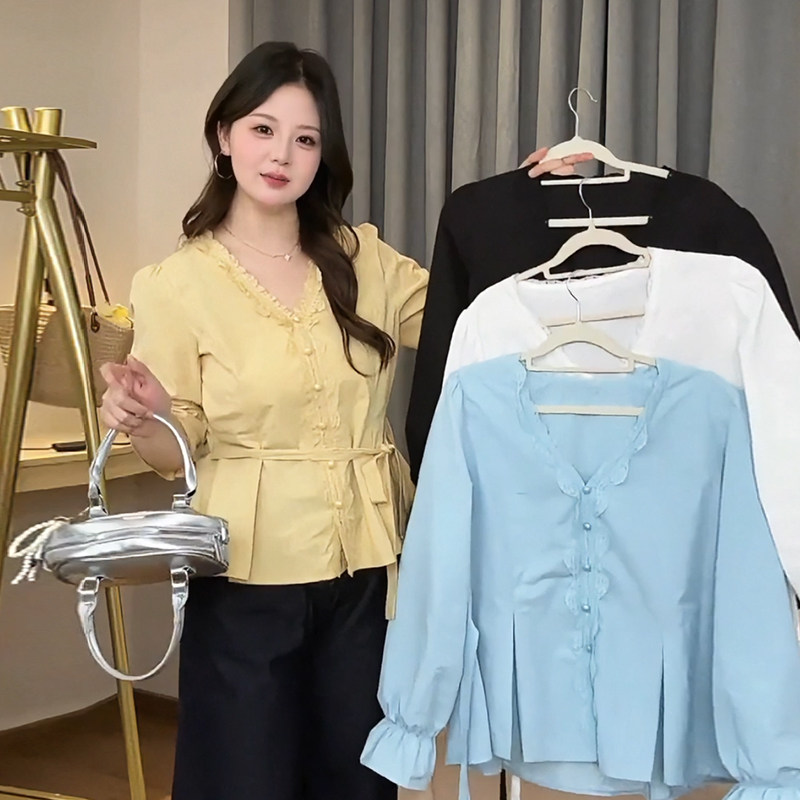 200斤大码女装胖MM蕾丝长袖衬衫