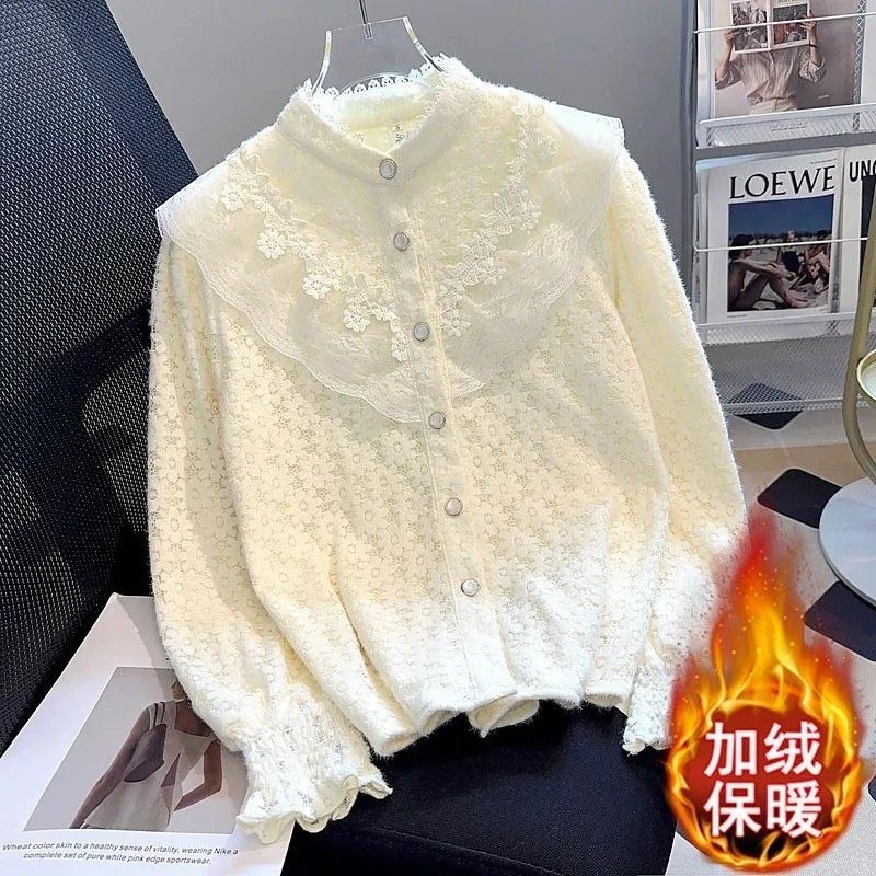 秋冬新款加绒蕾丝花边衬衫女小众