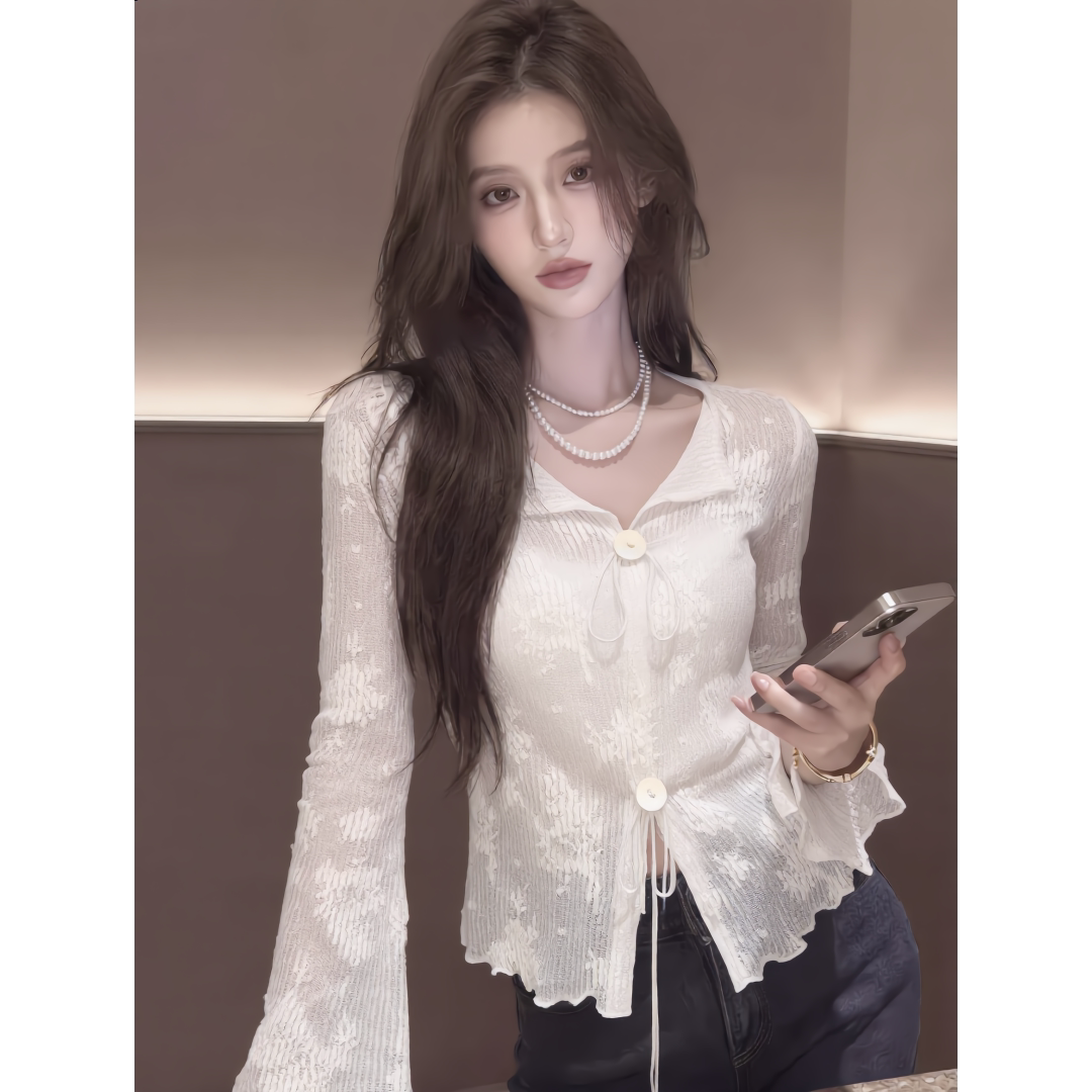 系带喇叭长袖蕾丝开衫女夏季温柔风修身显瘦减龄百搭新款收腰上衣