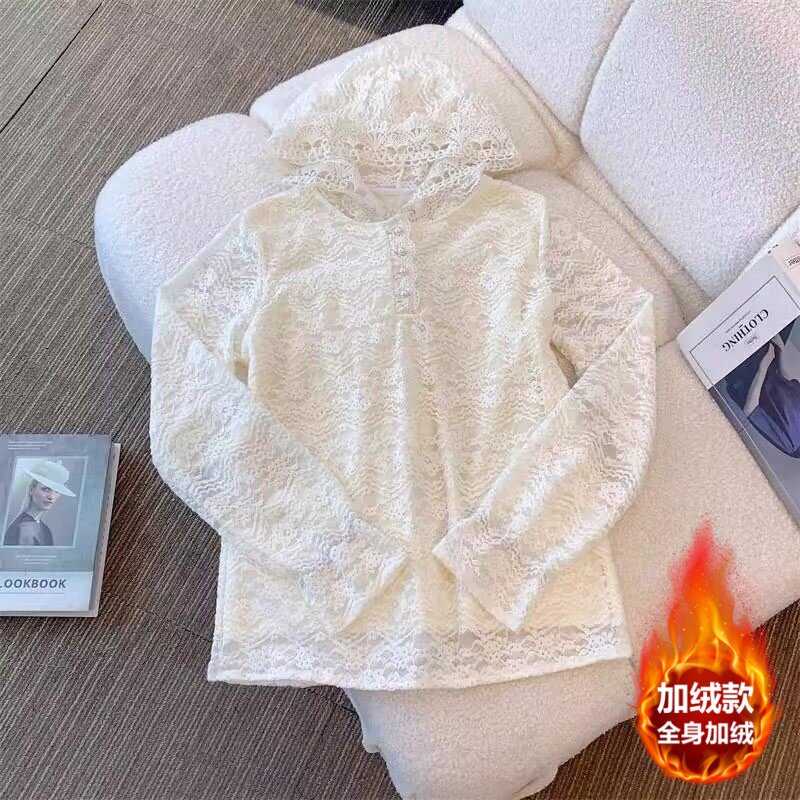 连帽加绒设计感蕾丝打底衫女秋冬