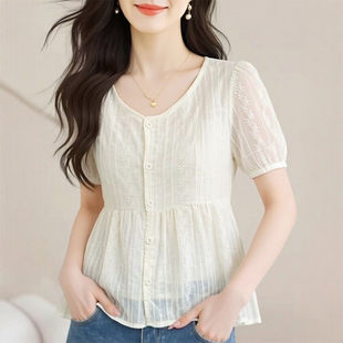 法式雪纺V领蕾丝衬衫女夏季新款设计感小众小个子显瘦短袖上衣潮