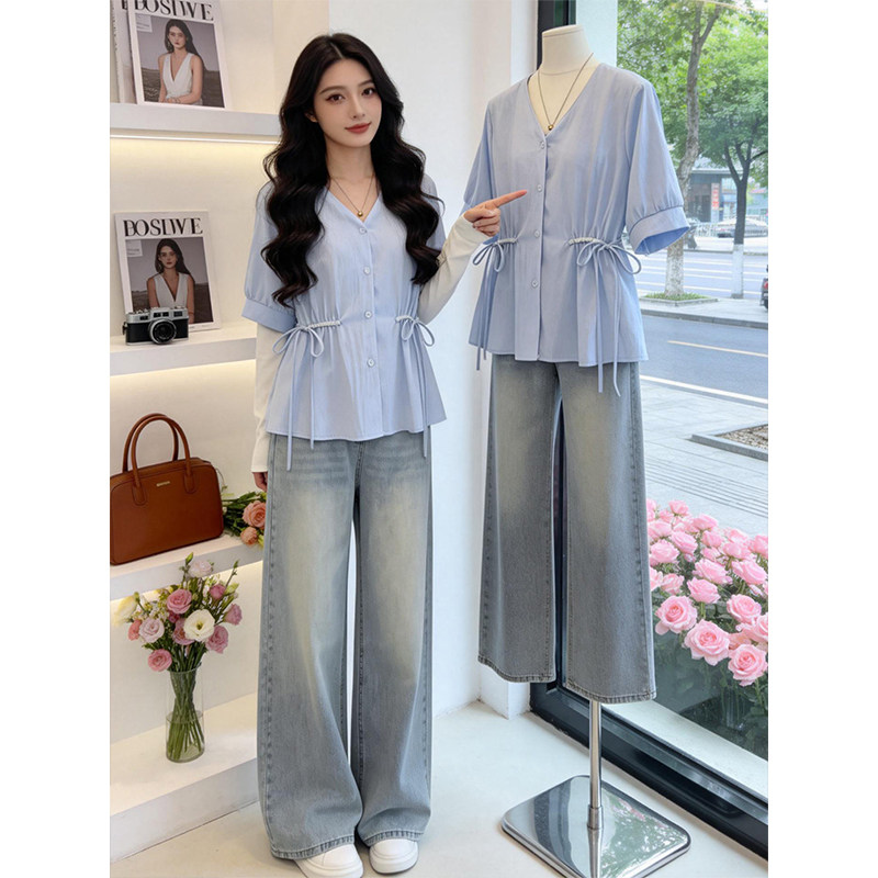 夏季韩系V领抽绳显瘦大码衬衣女