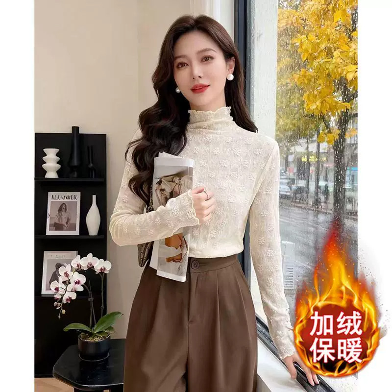 半高领网纱打底衫女2026秋冬新款洋气时尚内搭纱衣木耳边长袖上衣