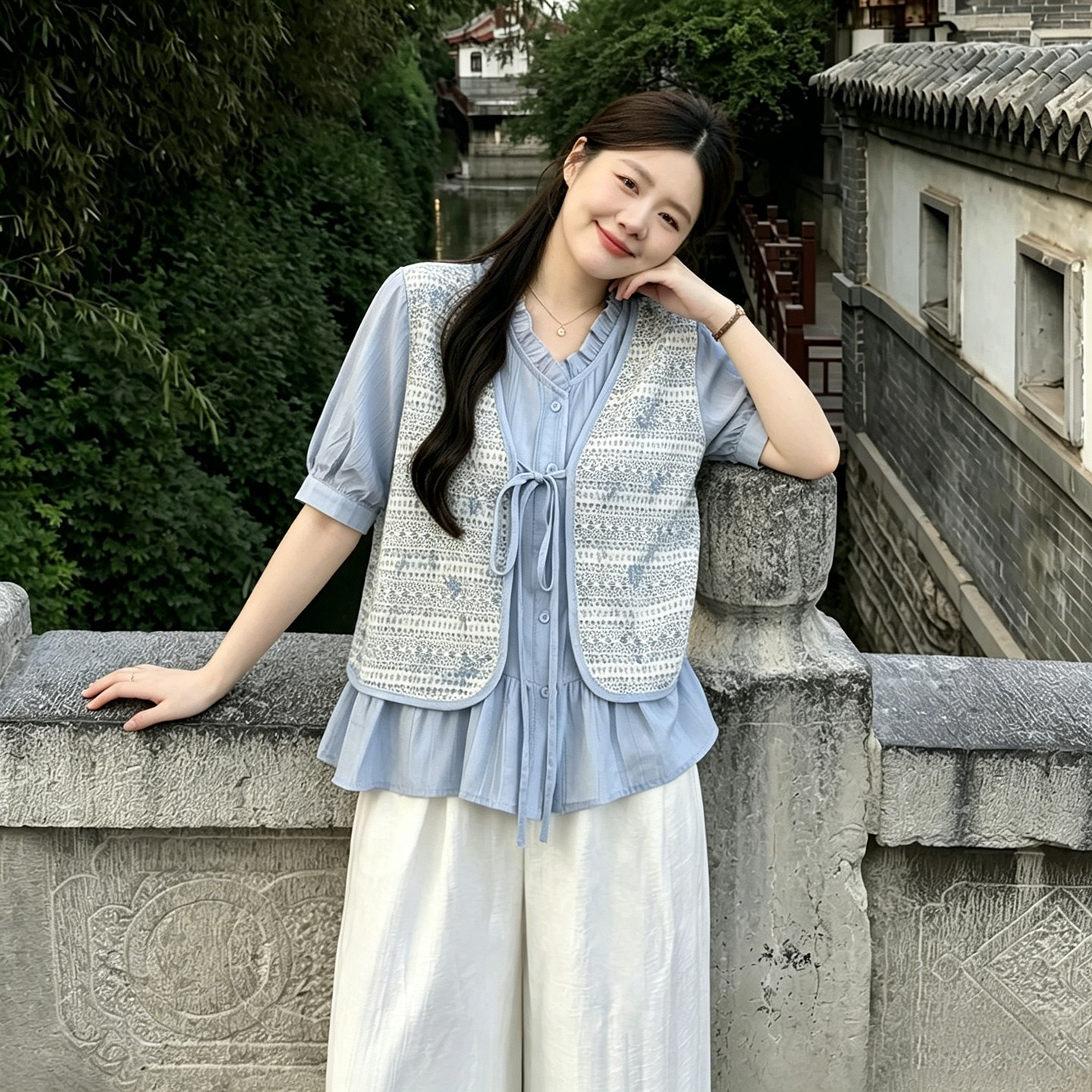 新中式印花荷叶领系带短袖女夏宽松遮肉大码胖MM温柔显瘦百搭上衣