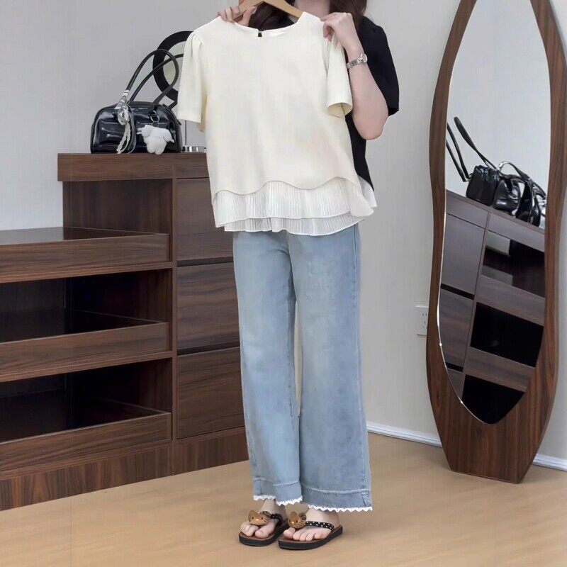 韩系百褶花边拼接假两件短袖女上衣夏新款时尚显瘦大码胖mm上衣潮