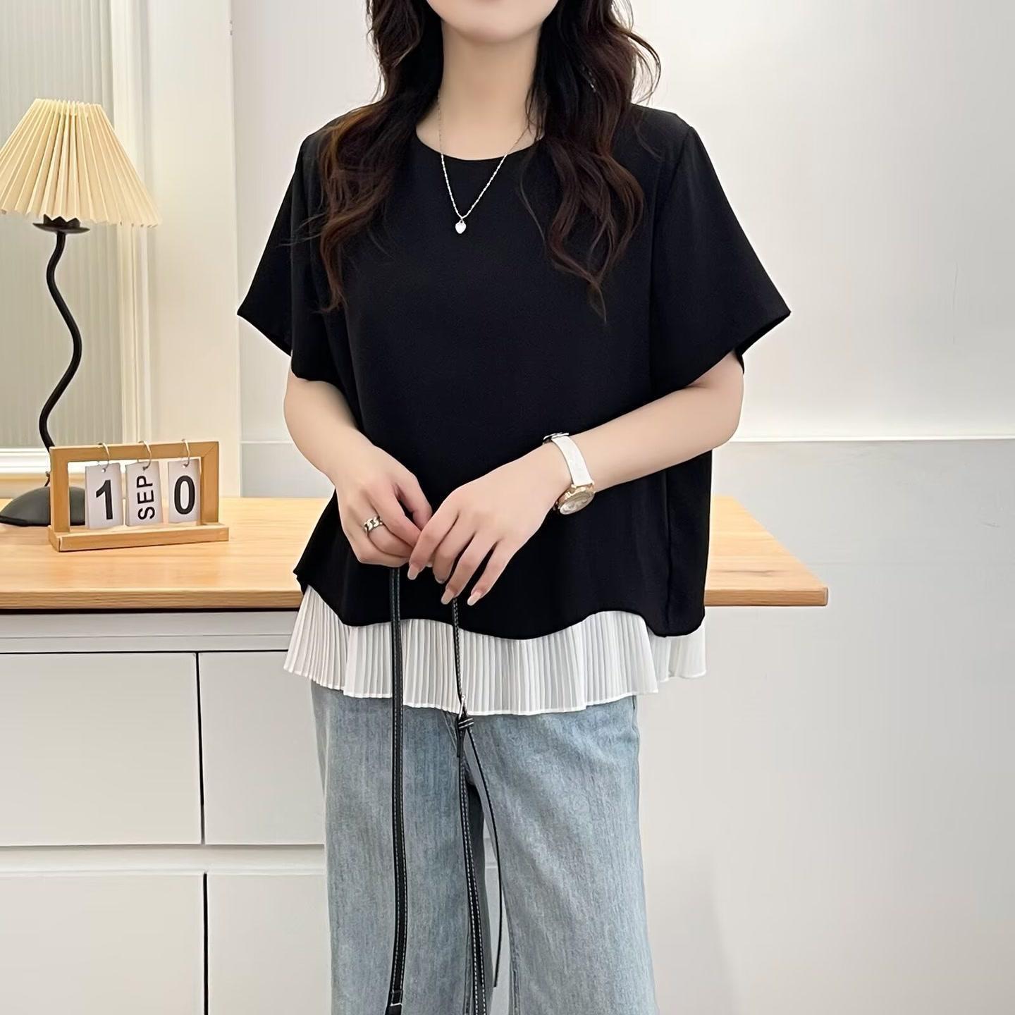 胖MM大码女装短袖T恤2026新款韩系设计感小众荷叶边拼接正肩上衣