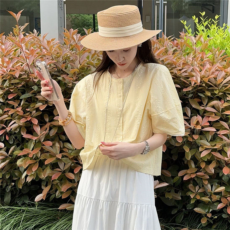 碎花刺绣五分袖衬衫女夏季温柔风宽松显瘦减龄时尚百搭新款上衣潮