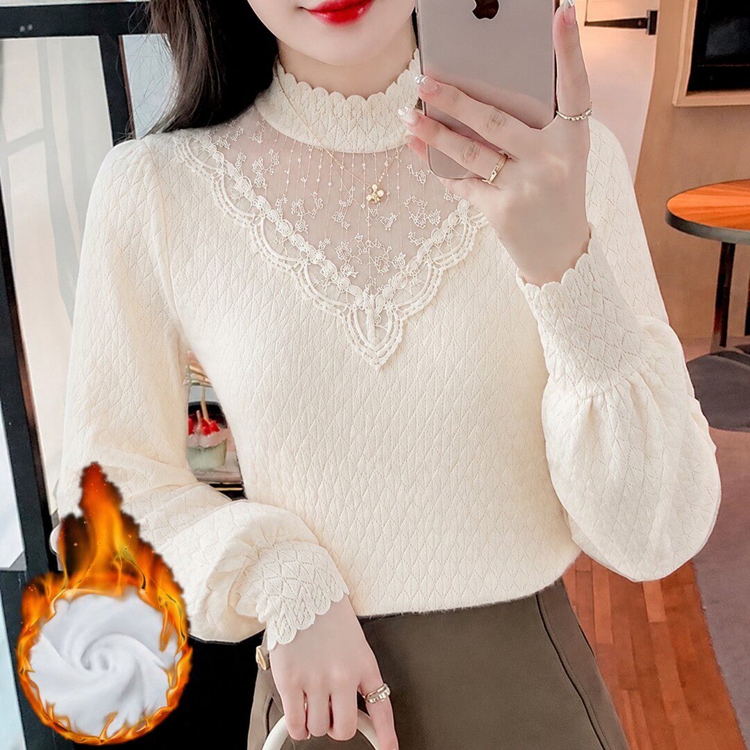 加绒加厚蕾丝保暖时尚打底衫女潮
