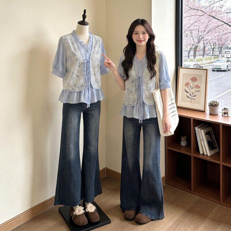 韩系V领系带遮肉泡泡袖马甲女夏