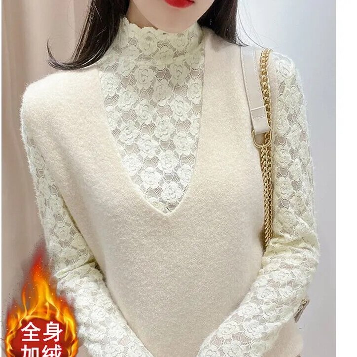 磨毛蕾丝打底衫女2026秋冬新款加绒高档洋气内搭小衫长袖网纱上衣