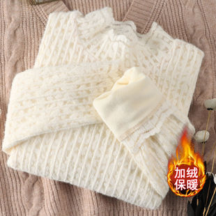 半高领加绒加厚蕾丝打底衫女秋冬新款洋气内搭磨毛小衫长袖上衣潮