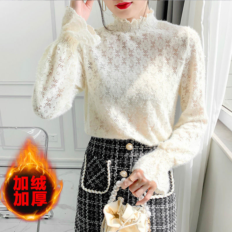 磨毛蕾丝打底衫女冬季洋气加绒加厚内搭高端小衫高领保暖网纱上衣