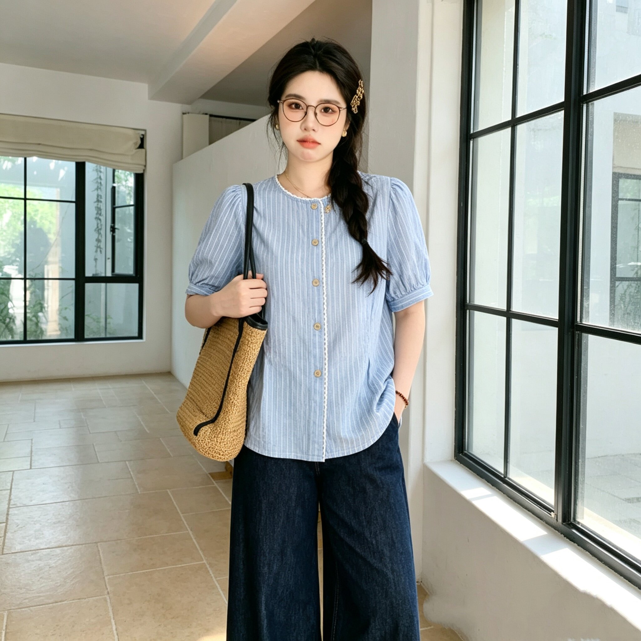 清新文艺风细竖条纹蕾丝短袖衬衫女夏季宽松遮肉显瘦百搭短袖上衣