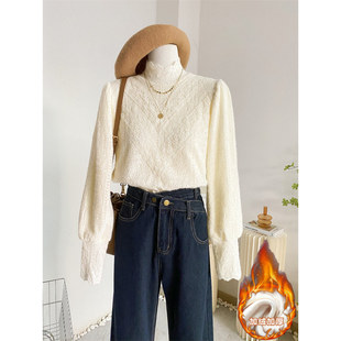 秋冬新款加绒蕾丝打底衫女高级感半高领显瘦内搭洋气时尚长袖上衣