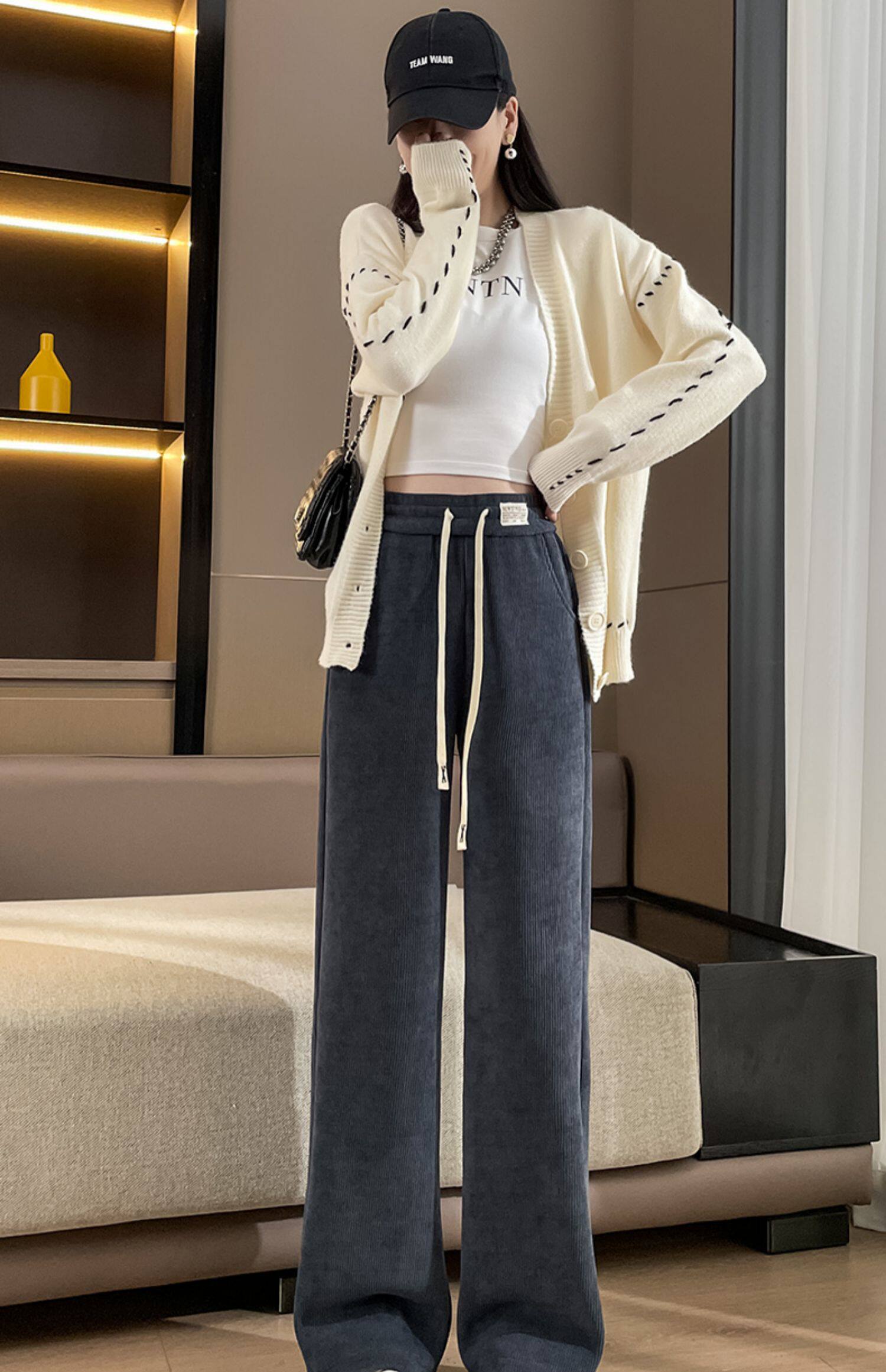 雪尼尔窄版阔腿裤女春秋冬加绒裤子2022新款灯芯绒宽松休闲直筒裤