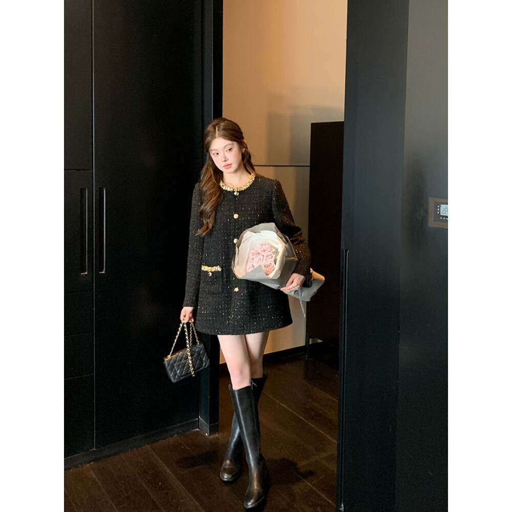 毛呢外套法式赫本风钻领呢子外套女秋冬季高级感中长款粗花呢上衣
