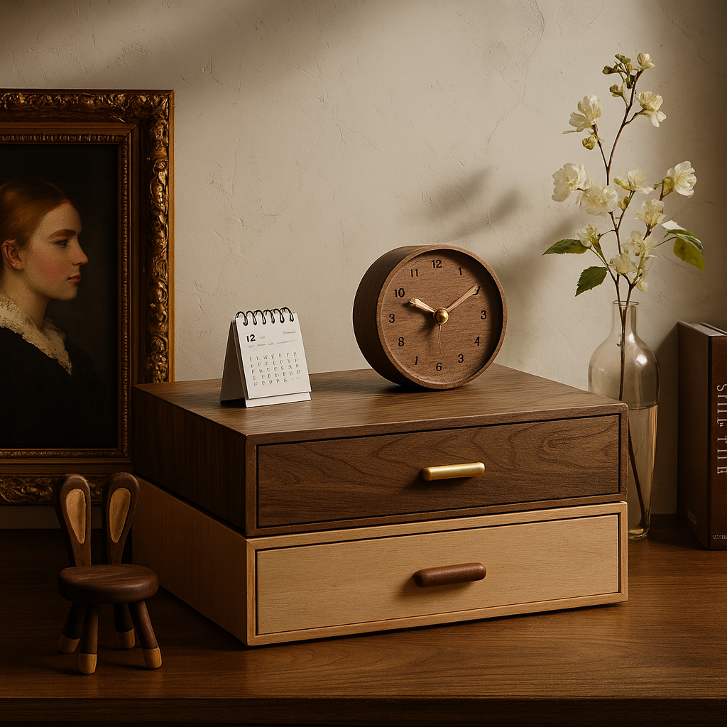 实木桌面收纳盒抽屉式杂物盒书桌整理可叠加多层木质防尘储物盒子