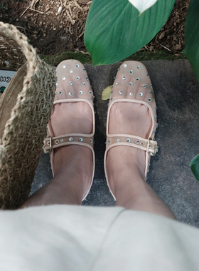 水钻玛丽珍鞋女夏季虞书欣同款网纱轻纱一字扣带平底单鞋粉色凉鞋