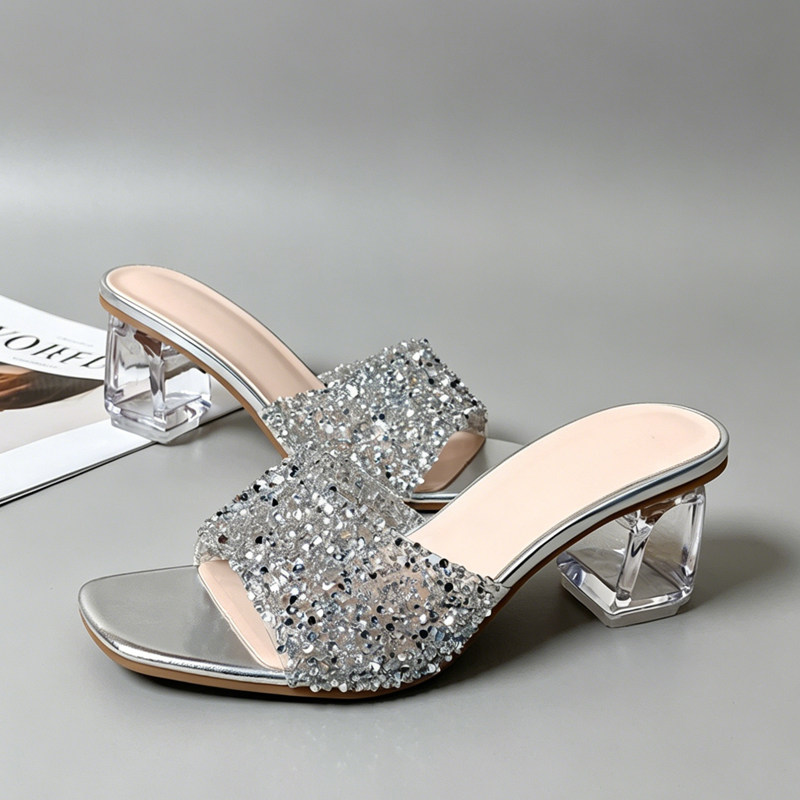 2026夏季新款水钻一字拖女外穿粗跟水晶跟凉拖亮片高跟方头凉鞋女