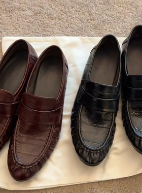 羊皮版~英伦风真皮乐福鞋女一脚蹬平跟褶皱纹小皮鞋复古粗跟单鞋