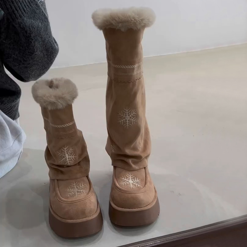 羊皮版~雪地靴女冬季加厚保暖防滑长筒高筒羊毛一体刺绣堆堆靴子