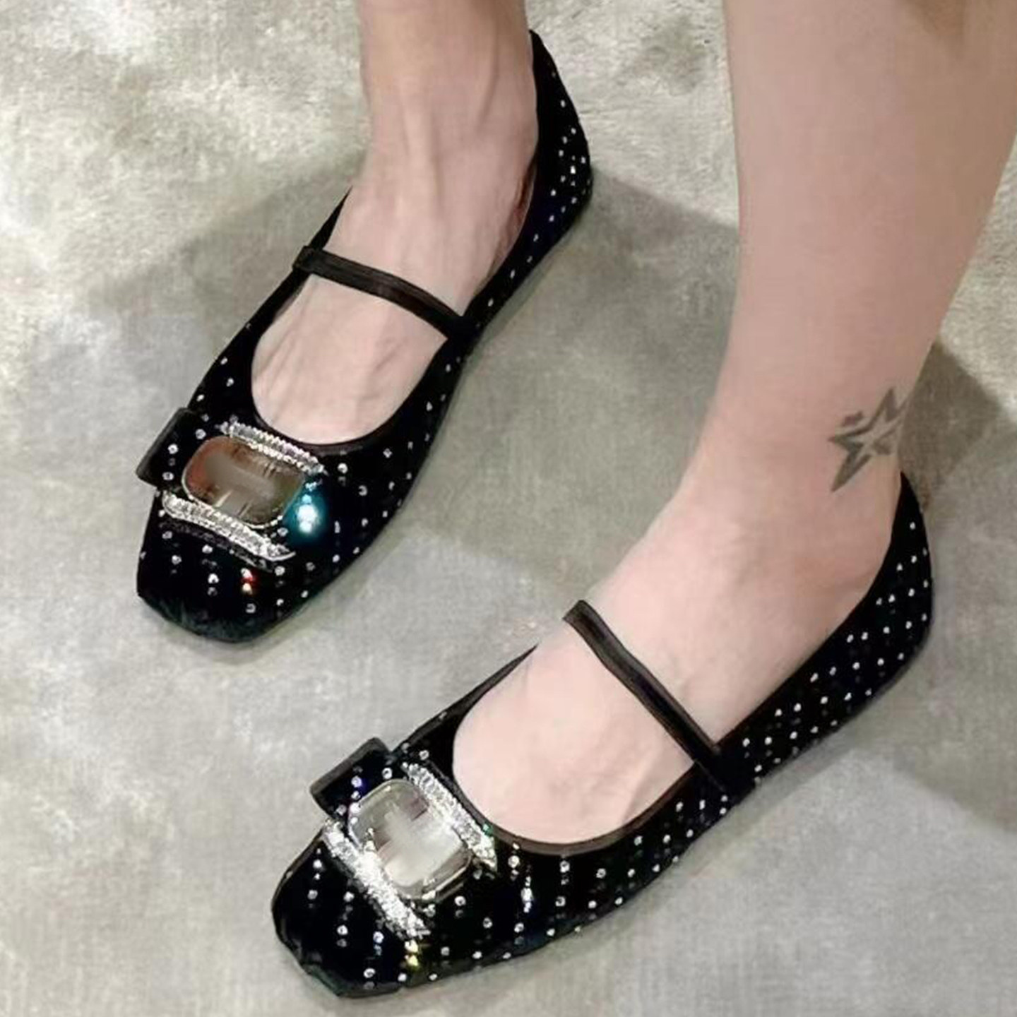 单鞋女设计感小众方头水钻玛丽珍鞋女一字带平底芭蕾舞鞋黑色单鞋,女鞋,玛丽珍鞋,淘宝优惠券,粉丝福利购,淘宝优惠卷
