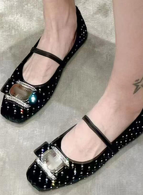 单鞋女设计感小众方头水钻玛丽珍鞋女一字带平底芭蕾舞鞋黑色单鞋