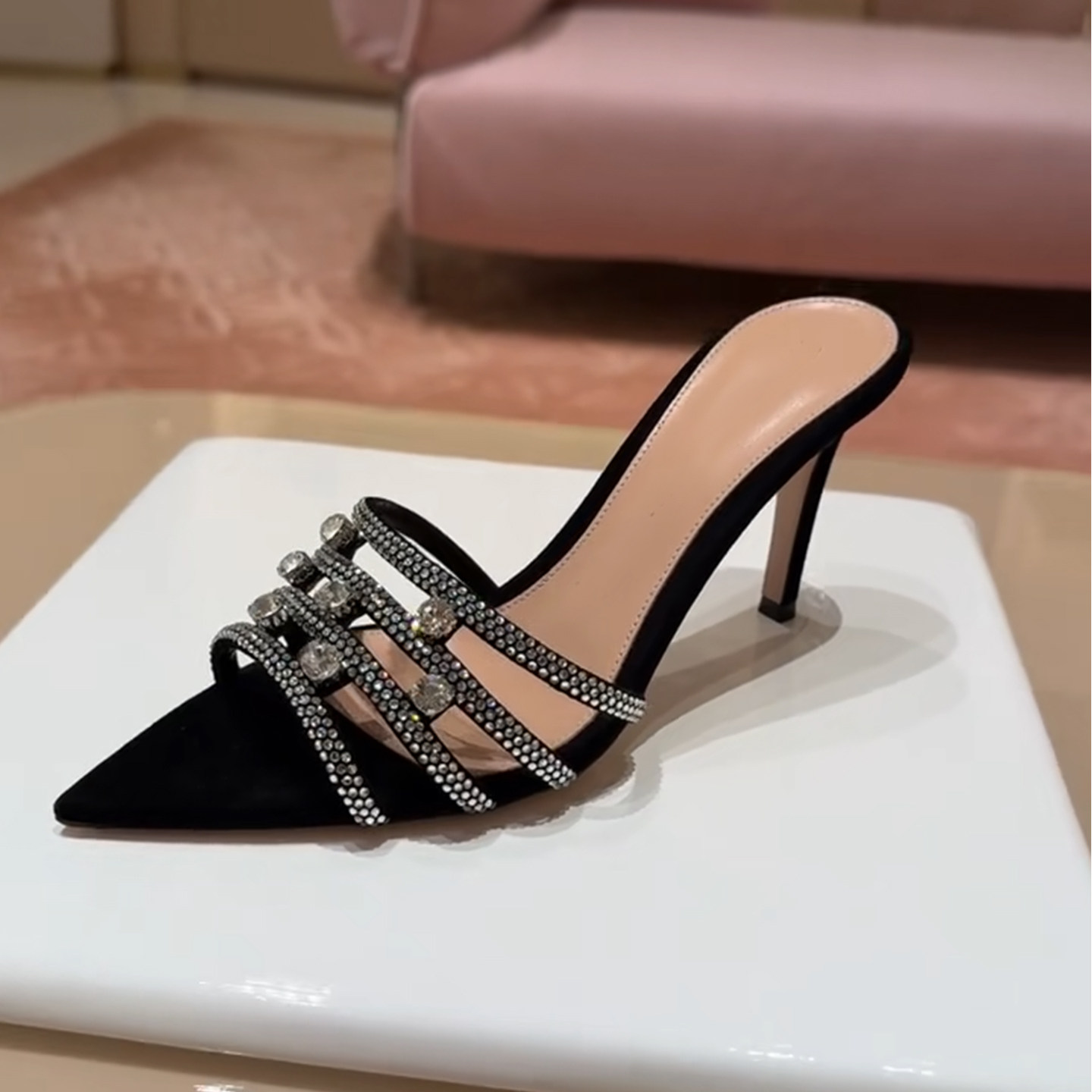 升级版~2026夏季性感水钻一字拖女尖头细跟高跟拖鞋气质增高凉拖