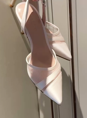 白月光尖头细跟高跟鞋女2026春夏新款白色网纱拼接丝绸包头凉鞋女